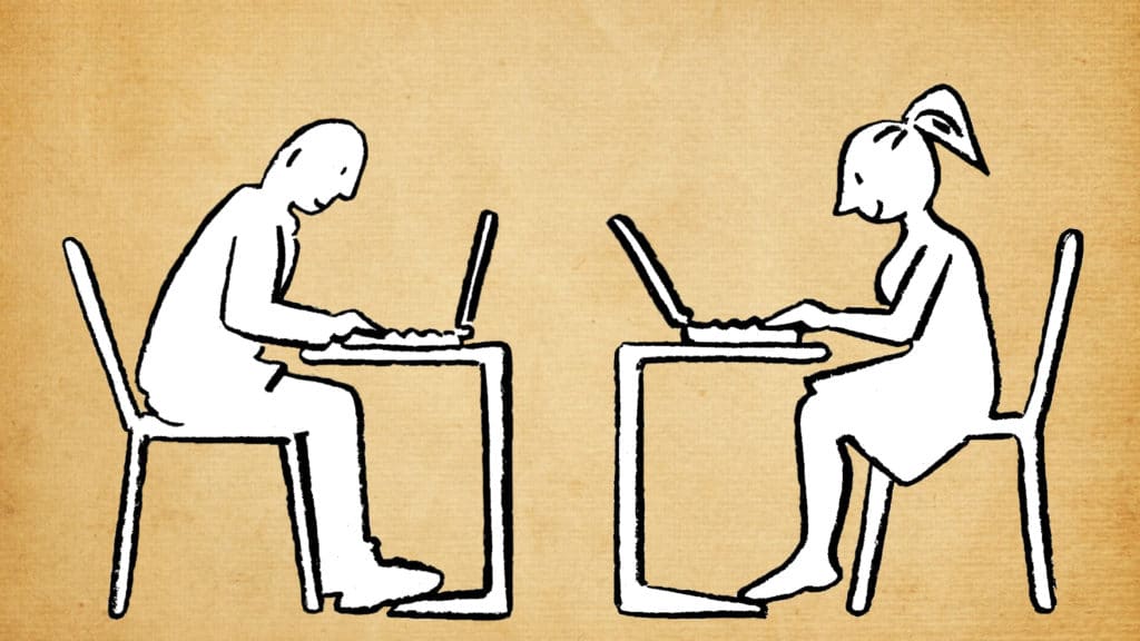 Hilfe bei eingeschlafener Beziehung Illustration wie Paar jeweils auf einem Stuhl vor ihrem Laptop sitzen und gemeinsam arbeiten