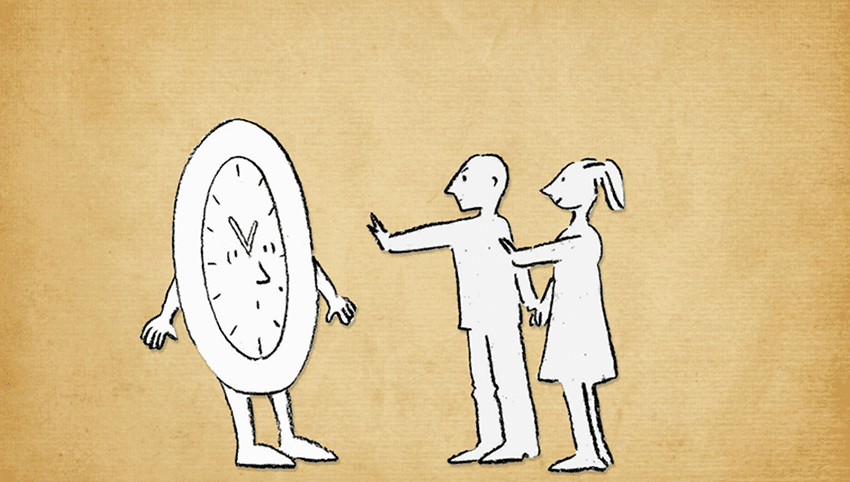 Trennung wegen Zeitmangel und Zeitdruck Zeichnung wie Paar gemeinsam eine tickende Uhr mit Beinen und Armen mit den Händen stoppt