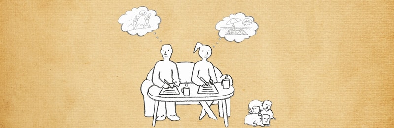 Drawing of a couple working at a table while thinking about holidays and the dogs sleeping.