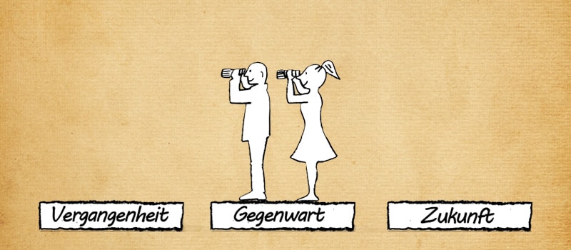 Beziehung in Vergangenheit Gegenwart Zukunft Zeichnung wie Paar mit Fernglas in Vergangenheit und Zukunft guckt