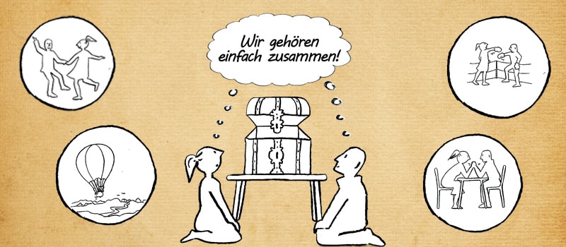 Neubeginn Beziehung wie gestalten Zeichnung wie Paar vor einer Truhe mit Möglichkeiten zur Gestaltung der Beziehung sitzt