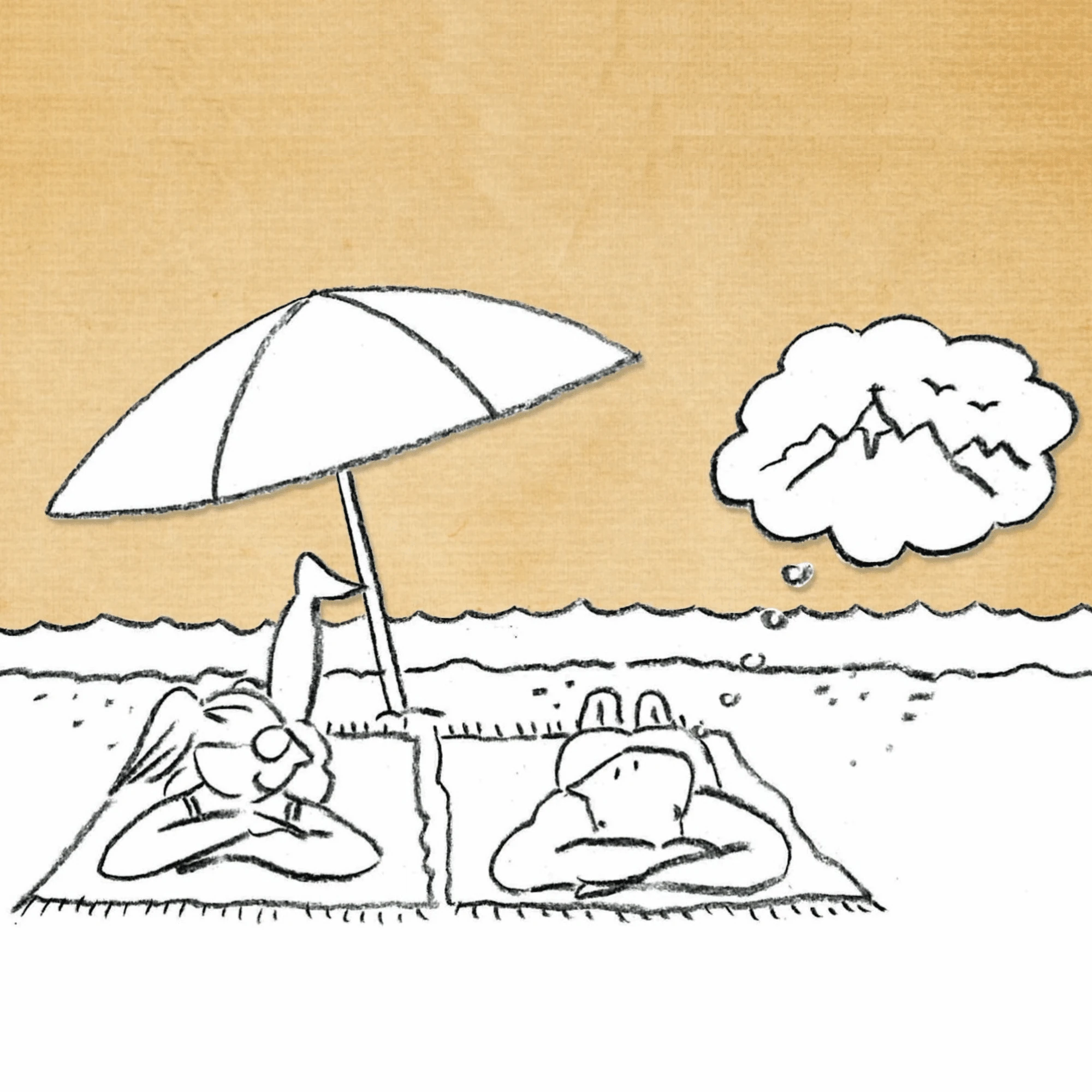 Zeichnung wie ein paar am Strand auf einer Decke liegt und über Kompromisse nachdenkt