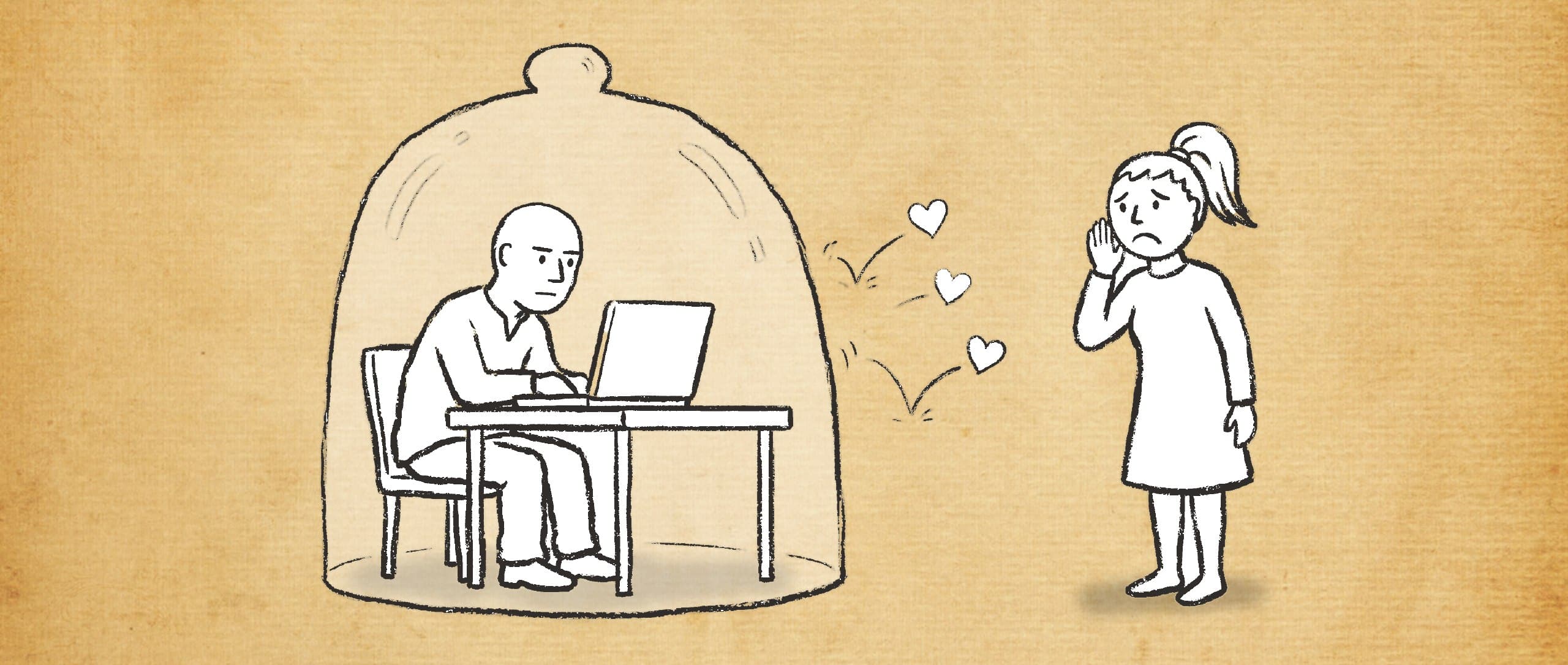 Cartoon zum Hyperfokus bei ADHS: Mann arbeitet unter einer Glasglocke am Laptop, die Herzen seiner Partnerin prallen daran ab.