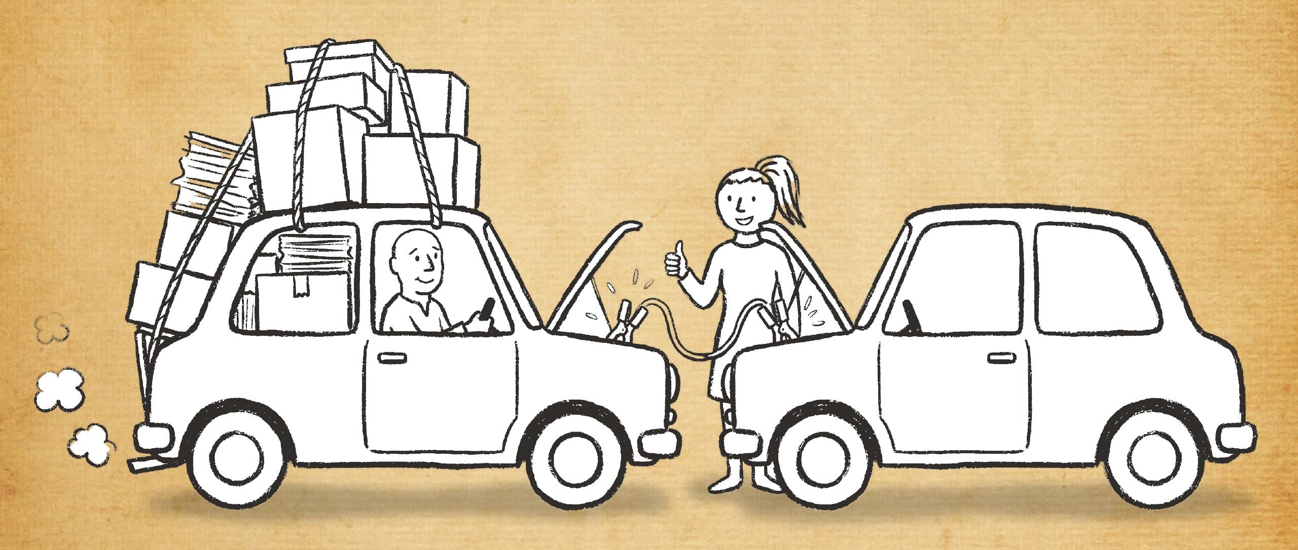 Cartoon: Partnerin gibt dem vollgepackten Auto ihres Partners Starthilfe – gemeinsam anfangen statt allein scheitern.