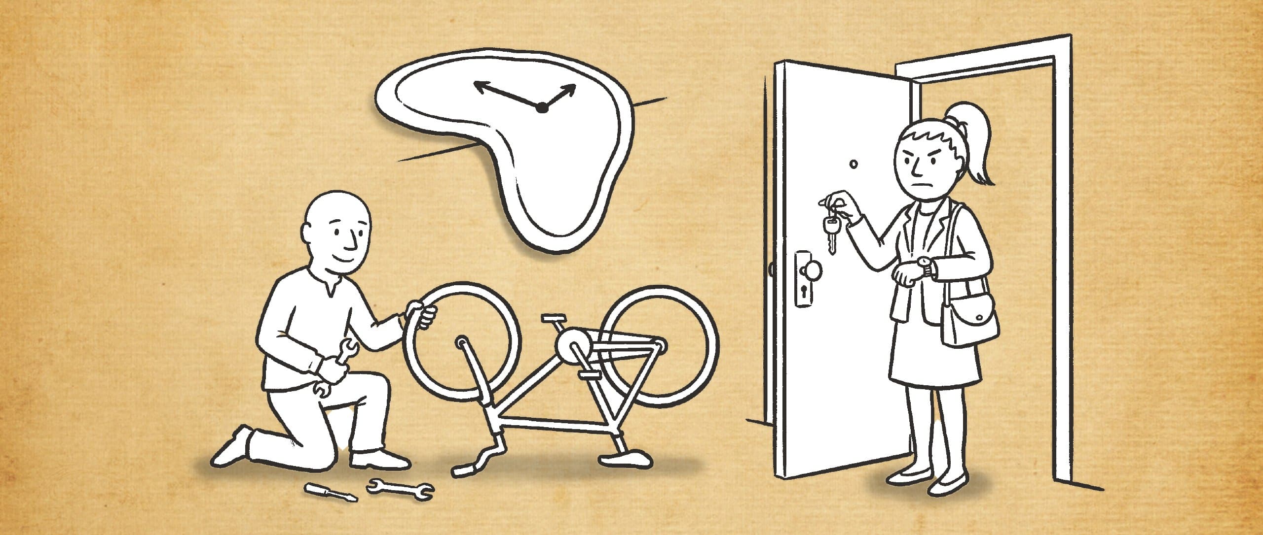 Cartoon zur Zeitblindheit bei ADHS: Ein Mann repariert ein umgedrehtes Fahrrad, während seine Partnerin mit Schlüssel an der Tür wartet und auf ihre Uhr zeigt.